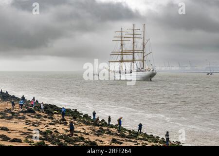 France, Calvados, Honfleur, Armada 2023, Indonesian training ship three-masted barque Bima Suci leaves the bay of the Seine river and sails in front of the Butin Beach, Le Havre harbour in the background Stock Photo