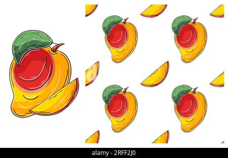 Mango. Seamless pattern for kitchen, restaurant or shop. Set in hand draw style. Can be used for fabric, packaging and etc Stock Vector