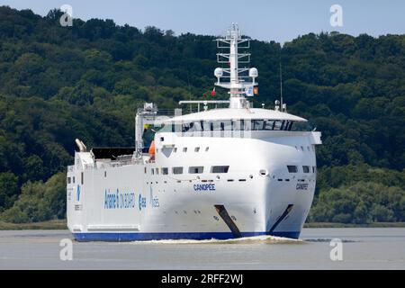 France, Eure, Vieux-Port, Armada 2023, Canopee, cargo ship, with mechanical sails, specialized in transporting parts of the Ariane 6 rocket, developed by the European Space Agency, from European ports to the Guiana Space Centre in Kourou Stock Photo