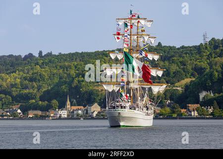 France, Seine-Maritime, Bardouville, Armada 2023, Cuauhtemoc, Mexican three-masted training ship, sails up the Seine river and parades in front of La Bouille village Stock Photo