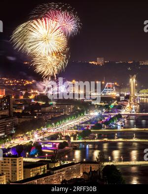 France, Seine-Maritime, Rouen, Armada 2023, Sainte-Catherine Hill Panorama, night view of the Seine river valley, Armada fireworks, downtown bridges and Gustave Flaubert Bridge Stock Photo