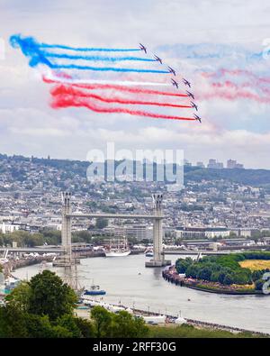 France, Seine-Maritime, Canteleu, Armada 2023, elevated view of Rouen and Pont Gustave Flaubert, departure of Indonesian tall ship Bima Suci and Russian frigate Shtandart Stock Photo