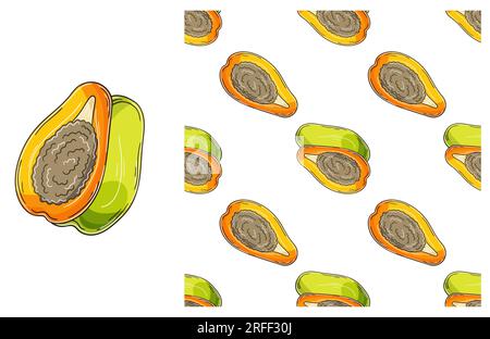 Papaya, melon tree. Seamless pattern for kitchen, restaurant or shop. Set in hand draw style. Can be used for fabric, packaging, wrapping and etc Stock Vector