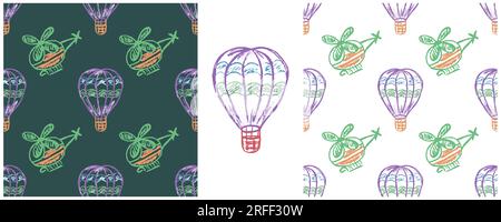 Air transport seamless pattern. Set drawings with wax crayons. Helicopters, balloons. Print for cloth design, textile, fabric, wallpaper Stock Vector