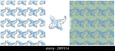 Air transport seamless pattern. Set drawings with wax crayons. Planes. Print for cloth design, textile, fabric Stock Vector