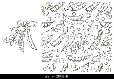 Coloring pattern for kitchen, restaurant or shop. Peas. Set in hand draw style. Can be used for fabric, packaging and etc Stock Vector