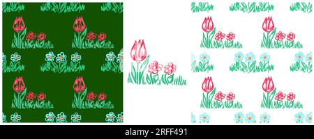 Girly seamless pattern. Set drawings with wax crayons. Flower mood, flowers. Print for cloth design Stock Vector