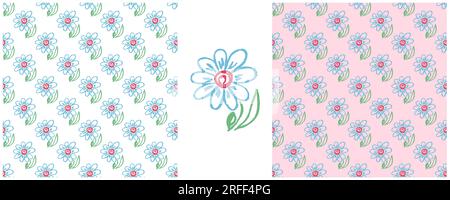 Floral seamless pattern. Set drawings with wax crayons. Lovely daisies. Print for cloth design, textile, fabric Stock Vector