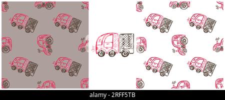 Boys seamless pattern. Car, tractor, truck. Set drawings with wax crayons. Print Stock Vector