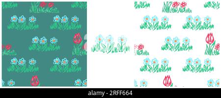 Girly seamless pattern. Set drawings with wax crayons. Flower mood, tulips. Print for cloth design, textile, fabric Stock Vector