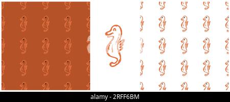 Marine seamless pattern. Set drawings with wax crayons. Sea Horses. Print for cloth design, textile, fabric, wallpaper, wrapping Stock Vector