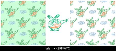 Air transport seamless pattern. Set drawings with wax crayons. Helicopters. Print for cloth design, textile, fabric, wallpaper, wrapping paper Stock Vector