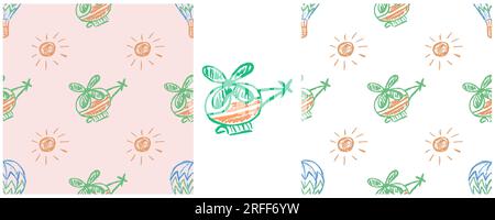 Air transport seamless pattern. Set drawings with wax crayons. Helicopters. Print for cloth design, textile Stock Vector