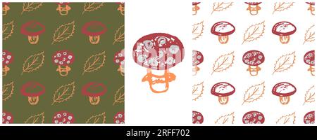 Autumn seamless pattern. Set drawings with wax crayons. Mushrooms, yellow leaves. Print for cloth design, textile, fabric, wallpaper Stock Vector