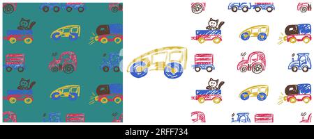 Boys seamless pattern. Car, tractor, truck. Set drawings with wax crayons. Print for cloth Stock Vector
