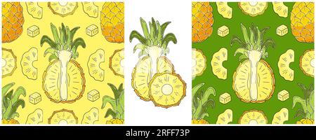 Seamless pattern with tropical fruits. Pineapple. Set in hand draw style. Color packaging and etc Stock Vector