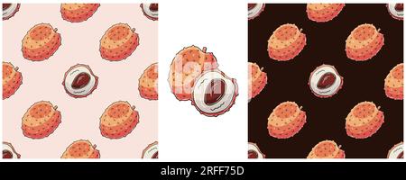 Seamless pattern for kitchen, restaurant or shop. Set in hand draw style. Litchi. Color packaging, wrapping paper and etc Stock Vector