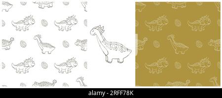 Set funny kids dinosaur pattern. Coloring dinosaur vector background. Triceratops. Print for cloth textile Stock Vector