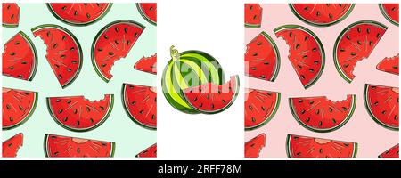 Seamless pattern for kitchen, restaurant or shop. Watermelons. Color Set in hand draw style. Can be used for fabric Stock Vector