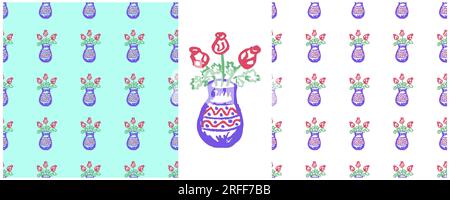 Floral seamless pattern. Flowers in a vase. Set drawings with wax crayons. Print for cloth Stock Vector