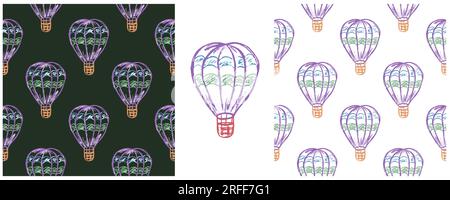Air transport seamless pattern. Set drawings with wax crayons. Air balloons. Print for cloth design, textile Stock Vector
