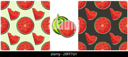 Watermelons. Seamless pattern for kitchen, restaurant or shop. Color Set in hand draw Stock Vector