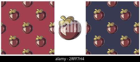 Set in hand draw style. Mangosteen. Color Seamless pattern with tropical fruits. Can be used for fabric and etc Stock Vector