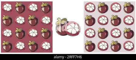 Seamless pattern with tropical fruits. Set in hand draw style. Mangosteen. Color packaging, wrapping paper and etc Stock Vector