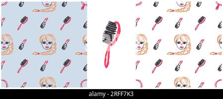 Cosmetics seamless pattern. Girl, lipstick. Set drawings with wax crayons. Print for cloth design, textile, fabric, wallpaper, wrapping paper Stock Vector