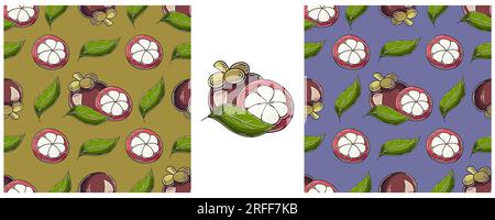 Seamless pattern with tropical fruits. Set in hand draw style. Mangosteen. Color packaging and etc Stock Vector