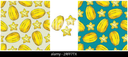 Seamless pattern with tropical fruits. Carambola, Star-fruit. Set in hand draw style. Color packaging, wrapping and etc Stock Vector