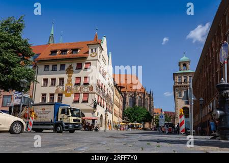 Nuremberg, Germany - July 19, 2023: Beautiful well-groomed streets of old town. View of historical center of Nuremberg, Franconia, Bavaria Stock Photo