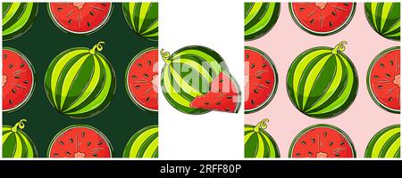 Seamless pattern for kitchen, restaurant or shop. Watermelons. Set in hand draw style. Color packaging, wrapping paper and etc Stock Vector