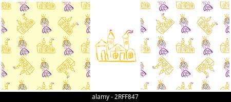 Fairytale seamless pattern. Princess. Set drawings with wax crayons. Print for cloth design, textile, fabric, wallpaper Stock Vector