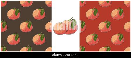 Seamless pattern with tropical fruits. Grapefruit, red orange. Color Set in hand draw style Stock Vector
