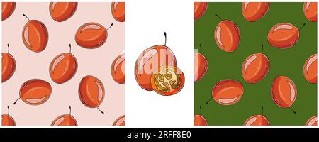Seamless pattern with tropical fruits. Tamarillo. Set in hand draw style. Color packaging, wrapping and etc Stock Vector
