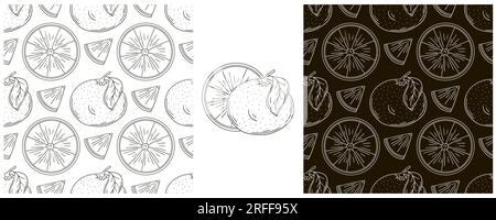 Seamless pattern for kitchen or shop. Monochrome Set in hand draw style. Oranges Stock Vector