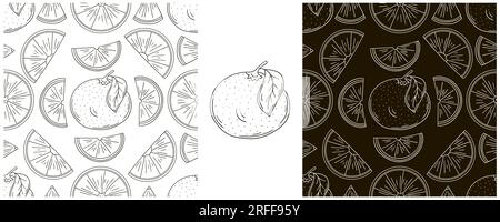 Seamless pattern for kitchen, restaurant or shop. Oranges. Set in hand draw style. Monochrome packaging, and etc Stock Vector