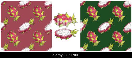 Seamless pattern with fruits. Color Set in hand draw style. Dragon fruit, pitaya Stock Vector