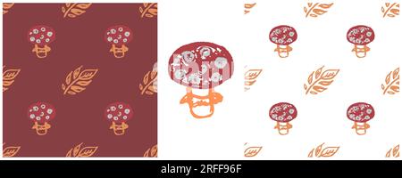 Autumn seamless pattern. Set drawings with wax crayons. Mushrooms, yellow leaves. Print for cloth design, textile, fabric Stock Vector