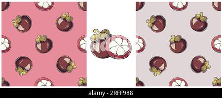 Seamless pattern with tropical fruits. Color Set in hand draw style. Mangosteen Stock Vector
