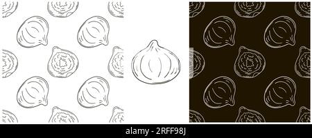 Figs. Seamless pattern for kitchen, restaurant or shop. Set in hand draw style. Monochrome wrapping paper and etc Stock Vector