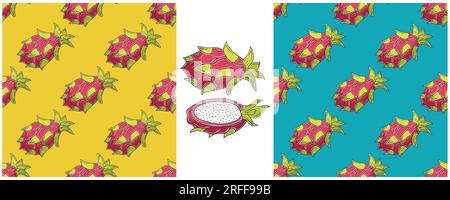 Seamless pattern with tropical fruits. Dragon fruit, pitaya. Color Set in hand draw style. Can be used for fabric Stock Vector