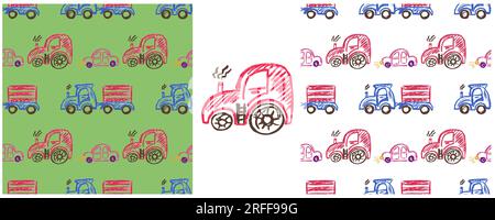 Boys seamless pattern. Car, tractor, truck. Set drawings with wax crayons. Print for cloth design, textile, fabric Stock Vector