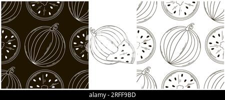 Seamless pattern for kitchen, restaurant or shop. Watermelons. Set in hand draw style. Monochrome wrapping paper and etc Stock Vector