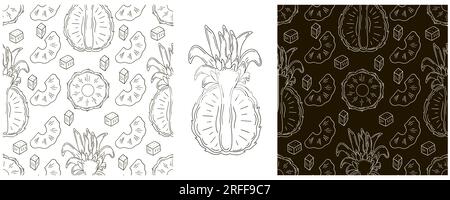Seamless pattern with tropical fruits. Set in hand draw style. Pineapple. Monochrome packaging, wrapping paper and etc Stock Vector