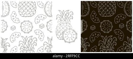 Pineapple. Seamless pattern with tropical fruits. Set in hand draw style. Monochrome packaging, wrapping paper and etc Stock Vector