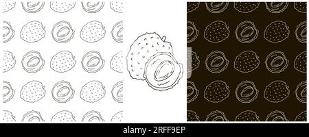 Litchi. Seamless pattern for kitchen, restaurant or shop. Monochrome Set in hand draw style Stock Vector