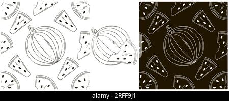 Seamless pattern for kitchen, restaurant or shop. Watermelons. Set in hand draw style. Monochrome packaging and etc Stock Vector