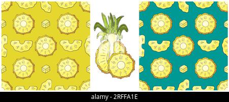 Seamless pattern with tropical fruits. Pineapple. Set in hand draw style. Color packaging, wrapping and etc Stock Vector